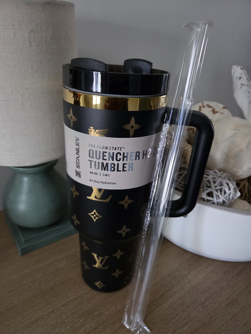 Stanley Designer Inspired Logo Black and Gold Tumbler with Straw 40 Oz